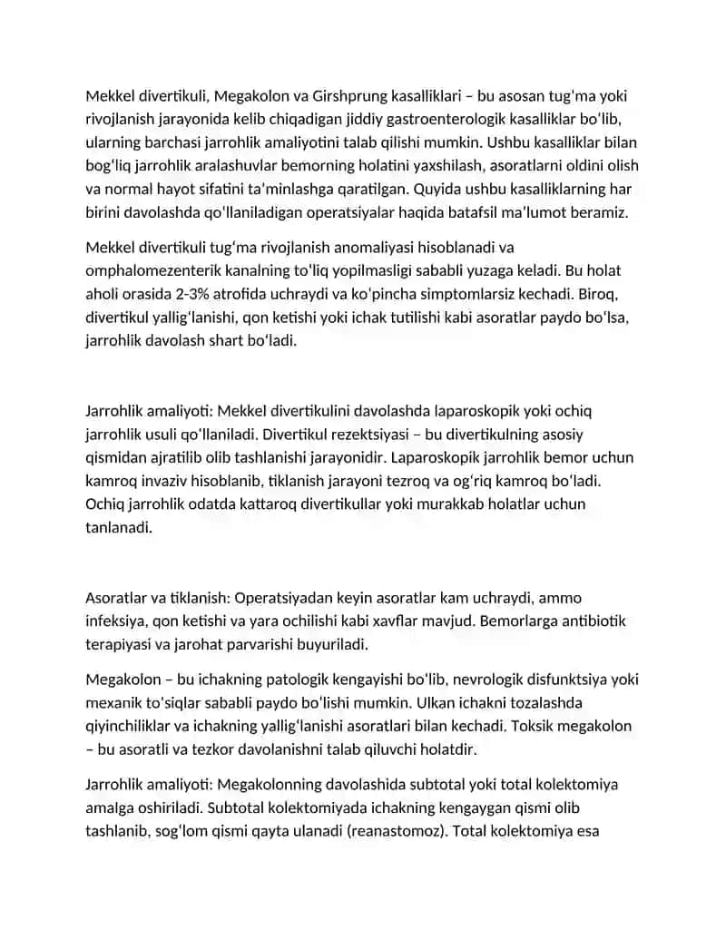 Mekkel divertikuli, Megakolon va Girshprung kasalligida operatsiyalar 2