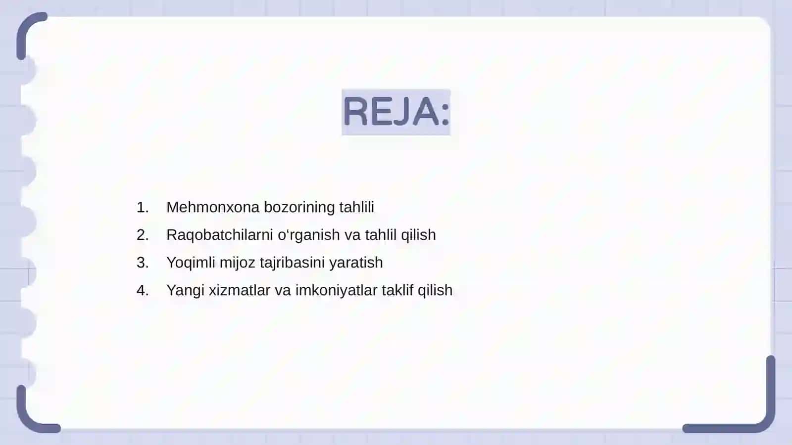 Mehmonxona biznesida raqobatbardoshlikni oshirish bo’yicha strategiyalar ishlab chiqish 2