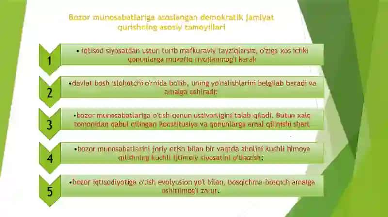 IQTISODIY ISLOHOTLAR, XUSUSIY MULKCHILIKNING SHAKLLANISHI. O‘ZBEKISTONDA BOZOR MUNOSABATLARINING RIVOJLANISHI 2
