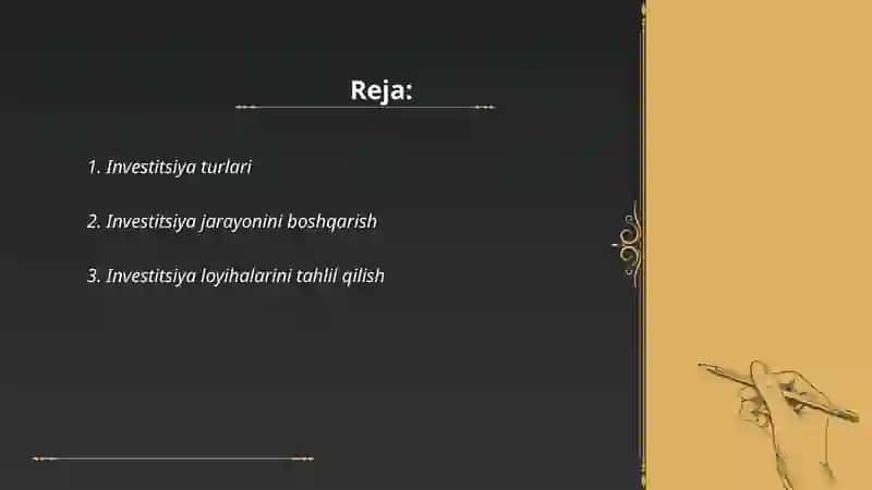 Investitsiyalarni tashkil etish va moliyalashtirish 2