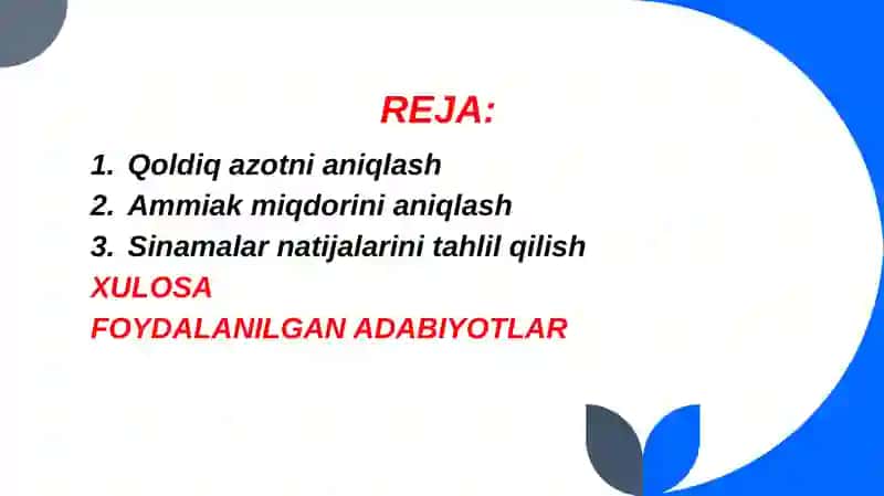 BUYRAK SINAMALARI.SIYDIKDA QOLDIQ AZOT,AMMIAK,KREATININ, MOCHEVINA MIQDORINI ANIQLASH 2