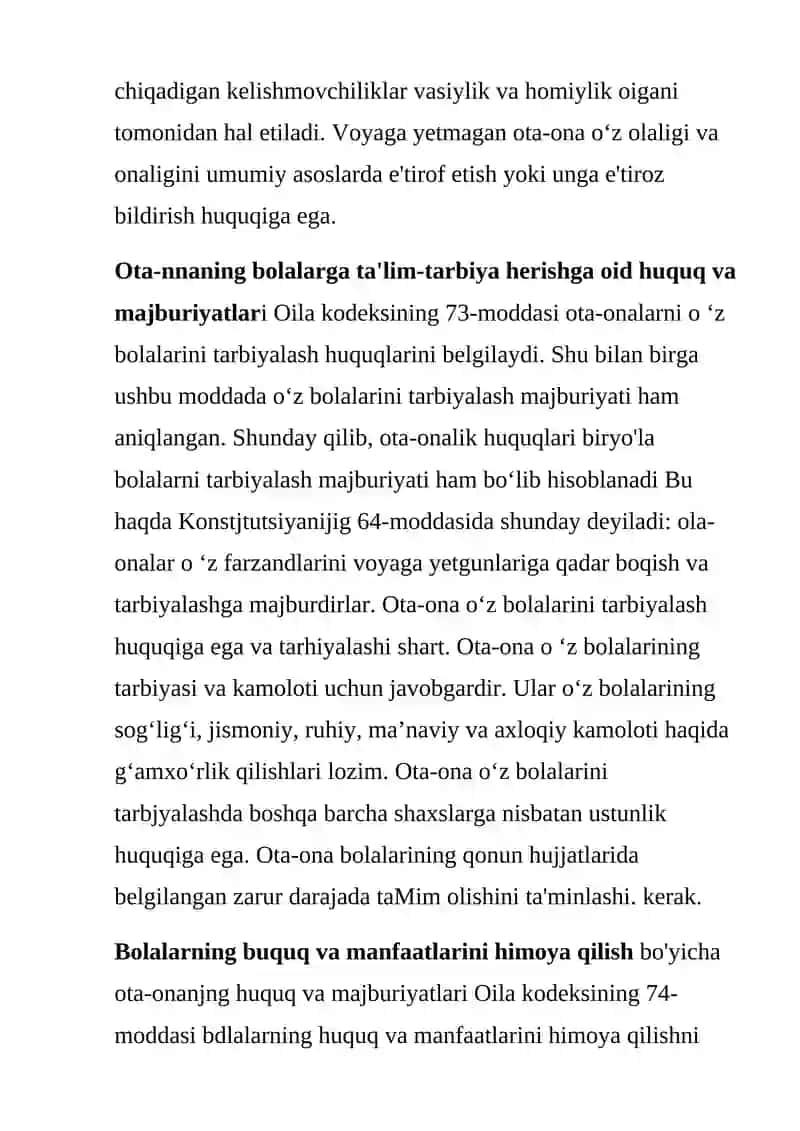 OTA-ONANING SHAXSIY NOMULKIY HUQUQ VA MAJBURIYATLARI 2