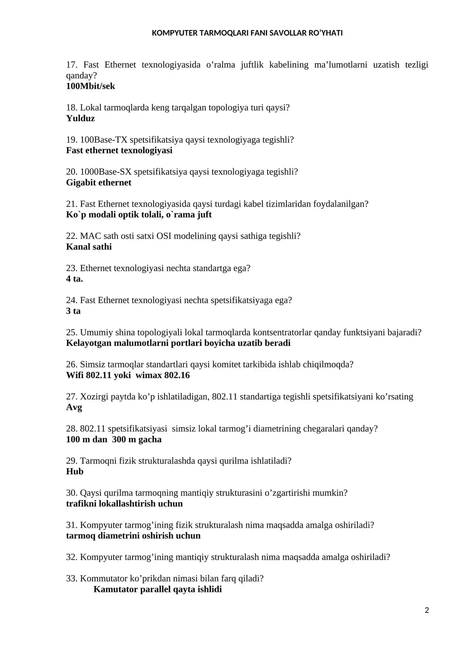KOMPYUTER TARMOQLARI FANI SAVOLLAR RO’YHATI 2