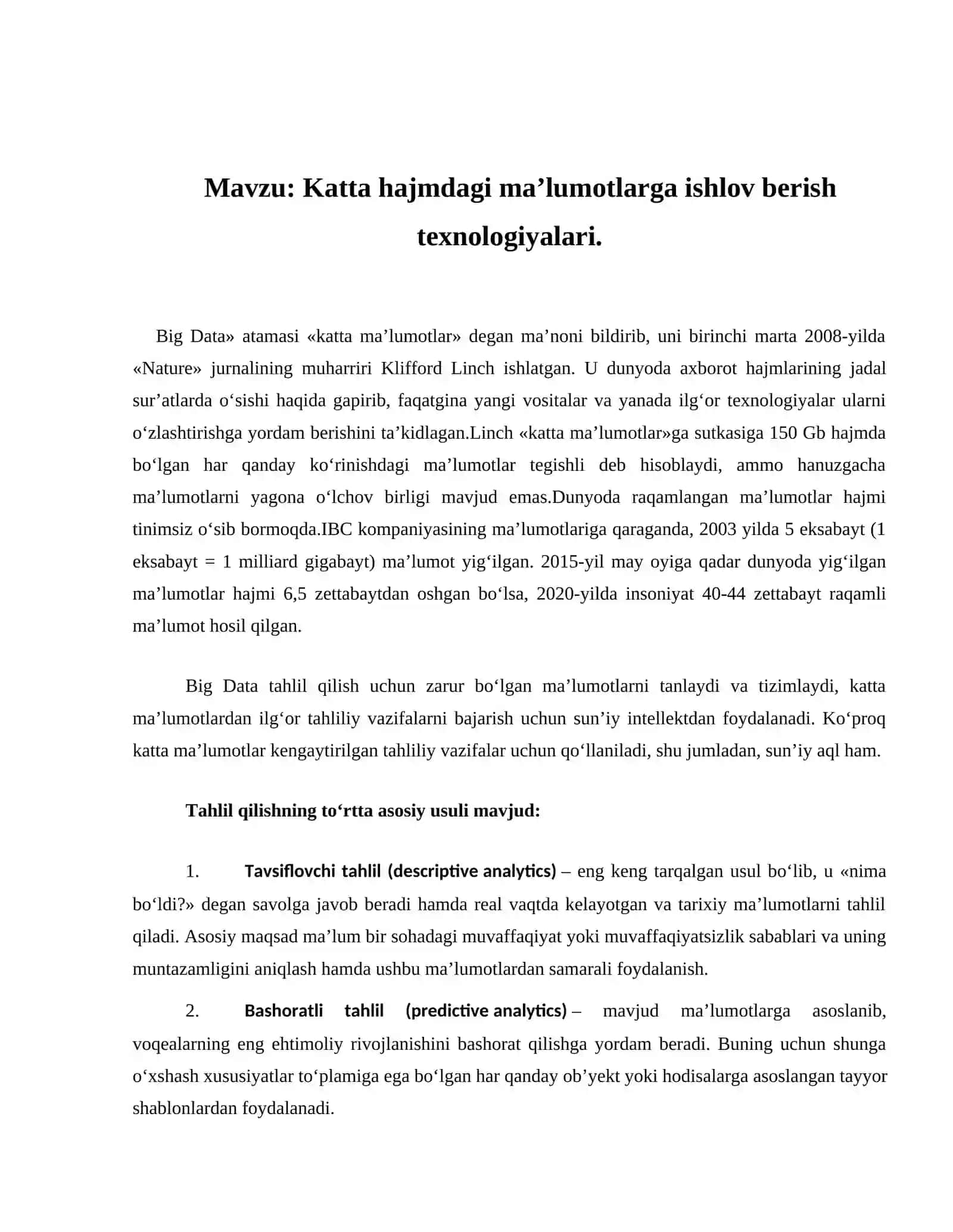 Katta hajmdagi ma’lumotlarga ishlov berish texnologiyalari 2