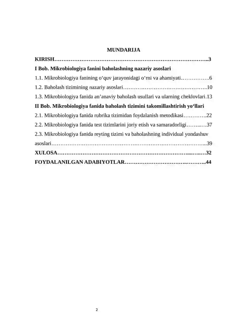 MIKROBIOLOGIYA FANIDAN BAHOLASH TIZIMINI TAKOMILLASHTIRISH (RUBRIKA, TEST, REYTING) 2