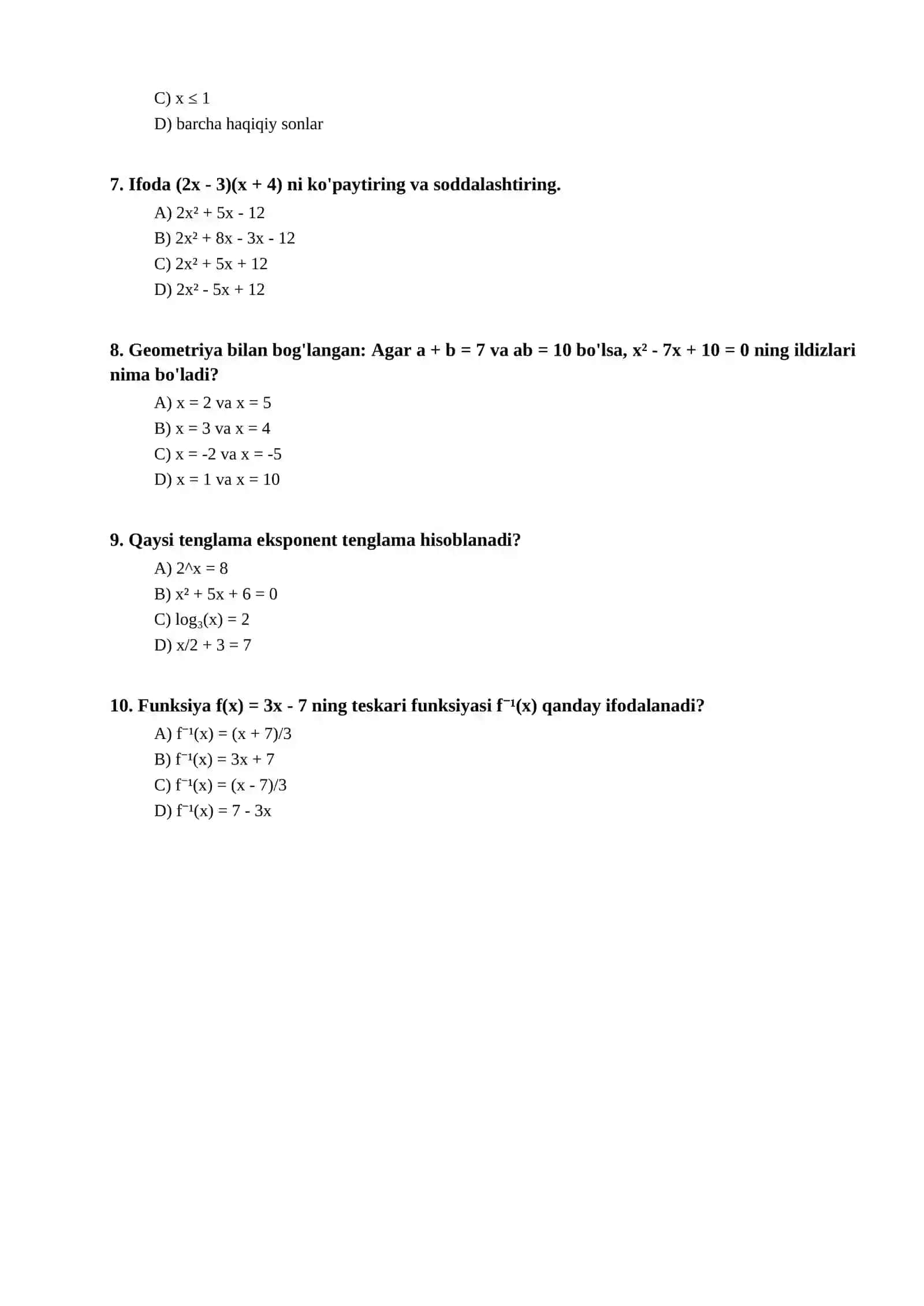 11-sinf Algebra 1-2-3-choraklar uchun test 2