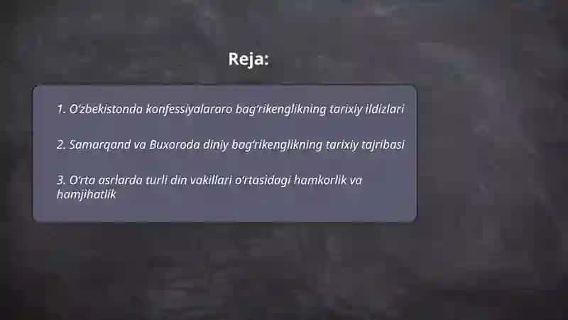 Ozbekiston kanfessiyalararo diniy bag'rikenglikning tarixiy tajribasi mavzusida test tayyorlash 2