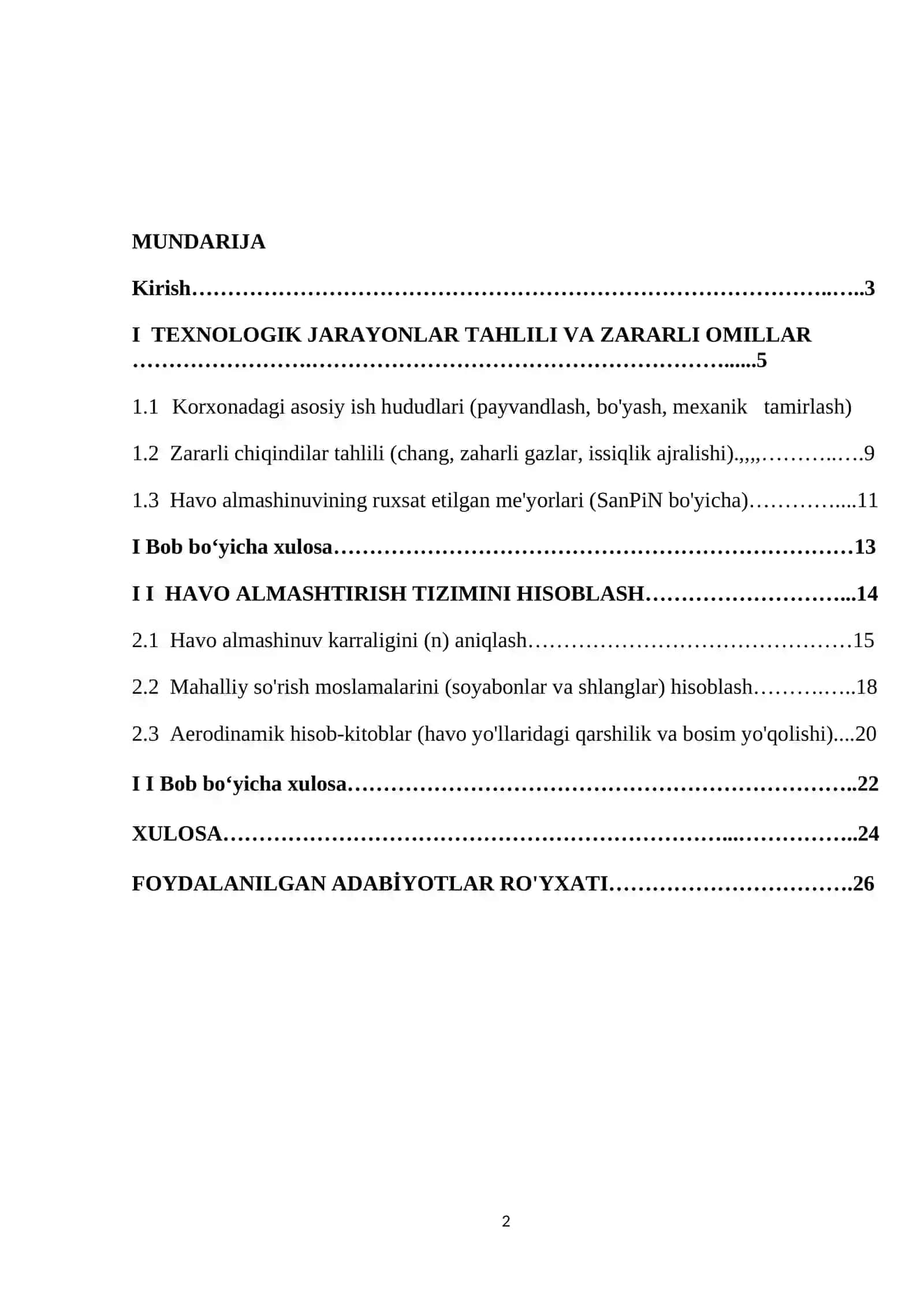 Tamirlash korxonasi uchun havo almashtirish tizimini hisoblash va loyihalash 2