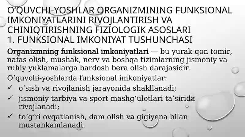 O‘quvchi-yoshlar organizmining funksional imkoniyatlarini rivojlantirish va tiniqtirishning fiziologik asoslari 2