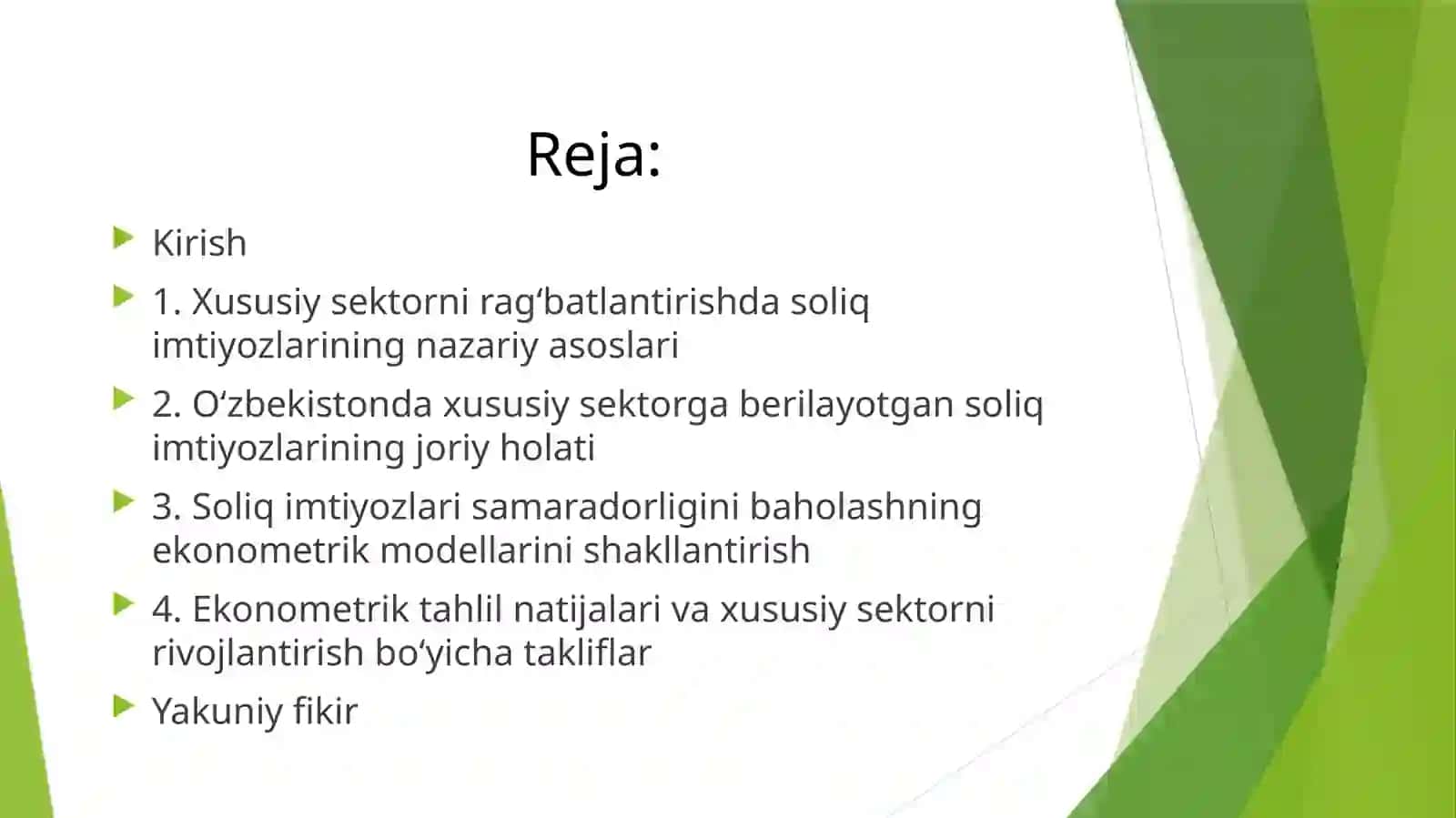Soliq imtiyozlarining hususiy sektor rivojiga ta'sirini ekonometrik taxlil qilish (Prezentatsiya) 2