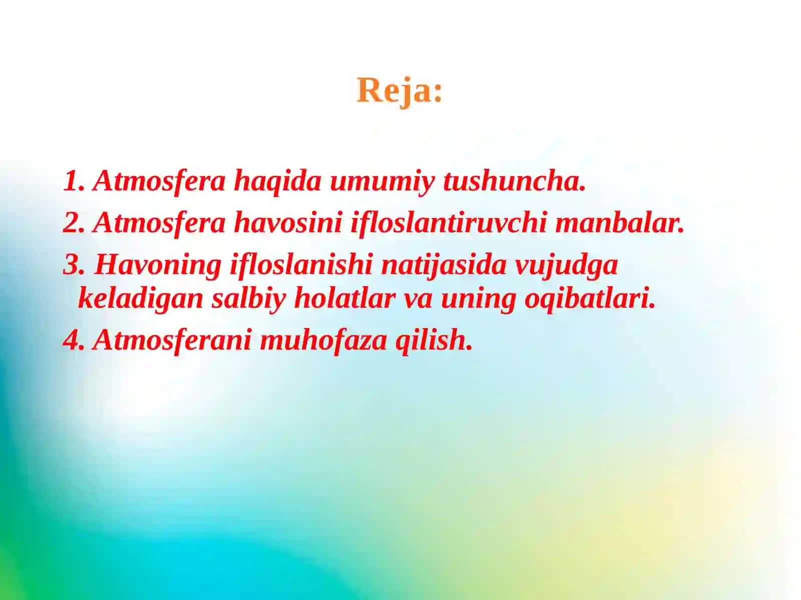 Ifloslantiruvchi manbalardan atmosfera havosiga chiqadigan zararli moddalar. 2