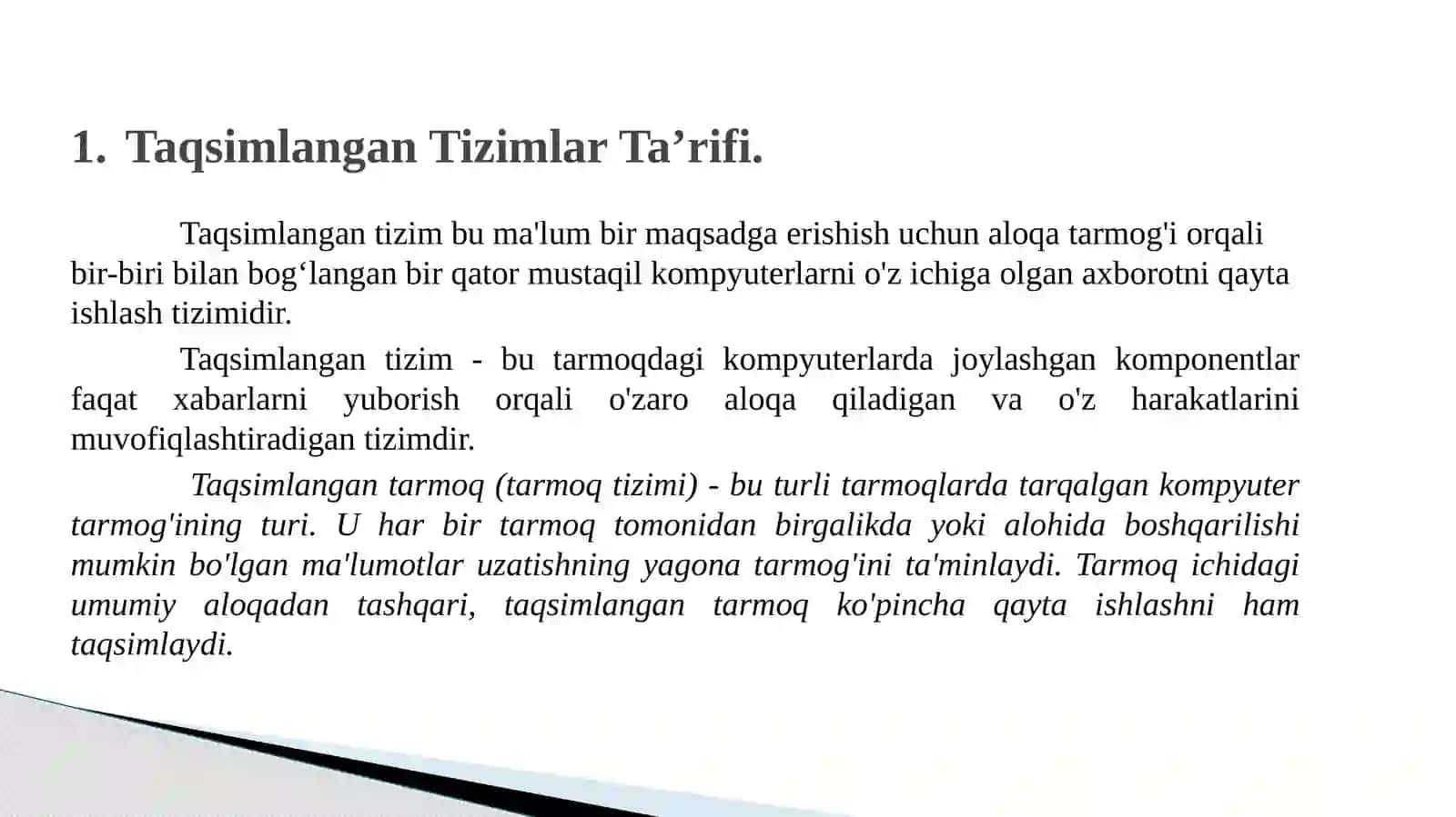 Taqsimlangan tizimlar tushunchasi va arxitekturasi.  Taqsimlangan Tizimlarni Turli Sohalarda Qo‘llanilishiga Misollar 2