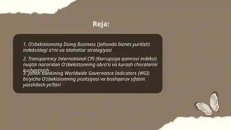 Oʻzbekiston Respublikasining Xalqaro Reyting va Indekslardagi oʻrni va Nufuznini ortib borishi 2