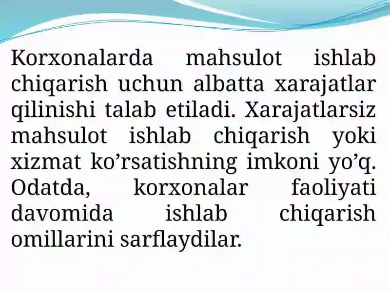 Mahsulot tannarxi. Mahsulot tannarxini kalkulyatsiya qilish 2