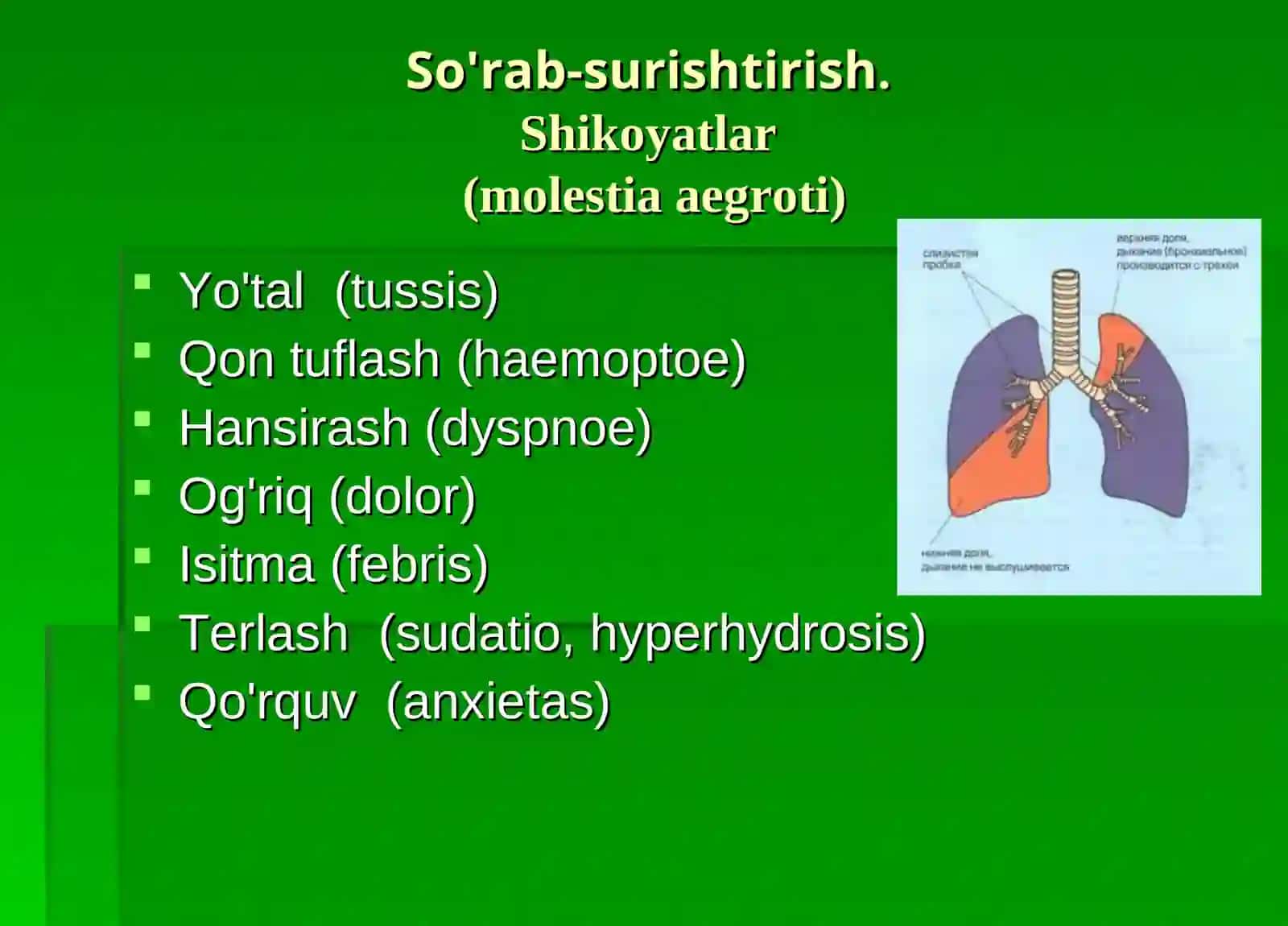 PULMONOLOGIK PROFILDAGI BEMORLARDA SO'RAB-SURISHTIRISH, KO’ZDAN KECHIRISH, KO'KRAK QAFASNI PAYPASLASH VA PERKUSSIYA QILISHNING DIAGNOSTIK AHAMIYATINI BAHOLASH 2