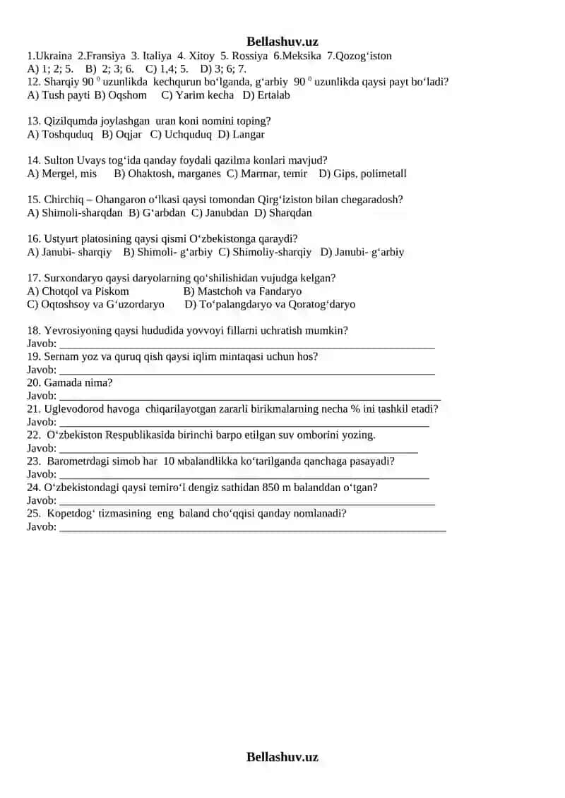 GEOGRAFIYA (9-sinf) Amaliy ish III variant 2