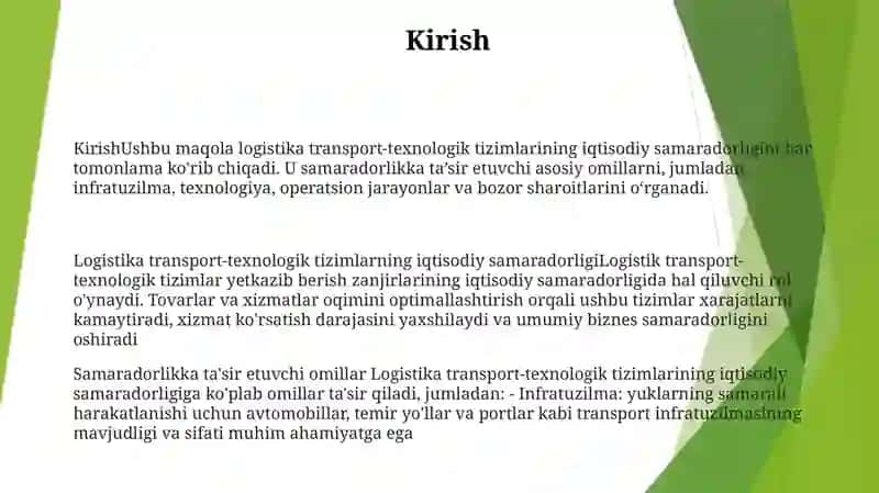 Logistika Transport-Texnologik Tizimlarning Iqtisodiy Samarasi 2