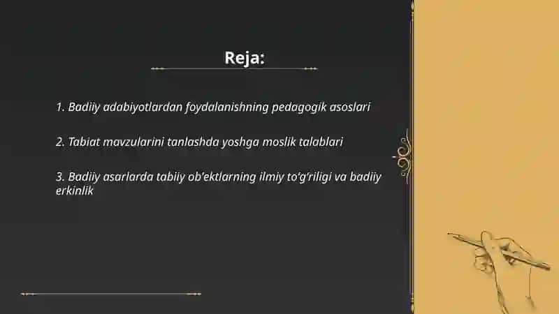 Tabiat bilan tanishtirishda badiiy adabiyotlardan foydalanish va unga qoʻyilgan talablar 2