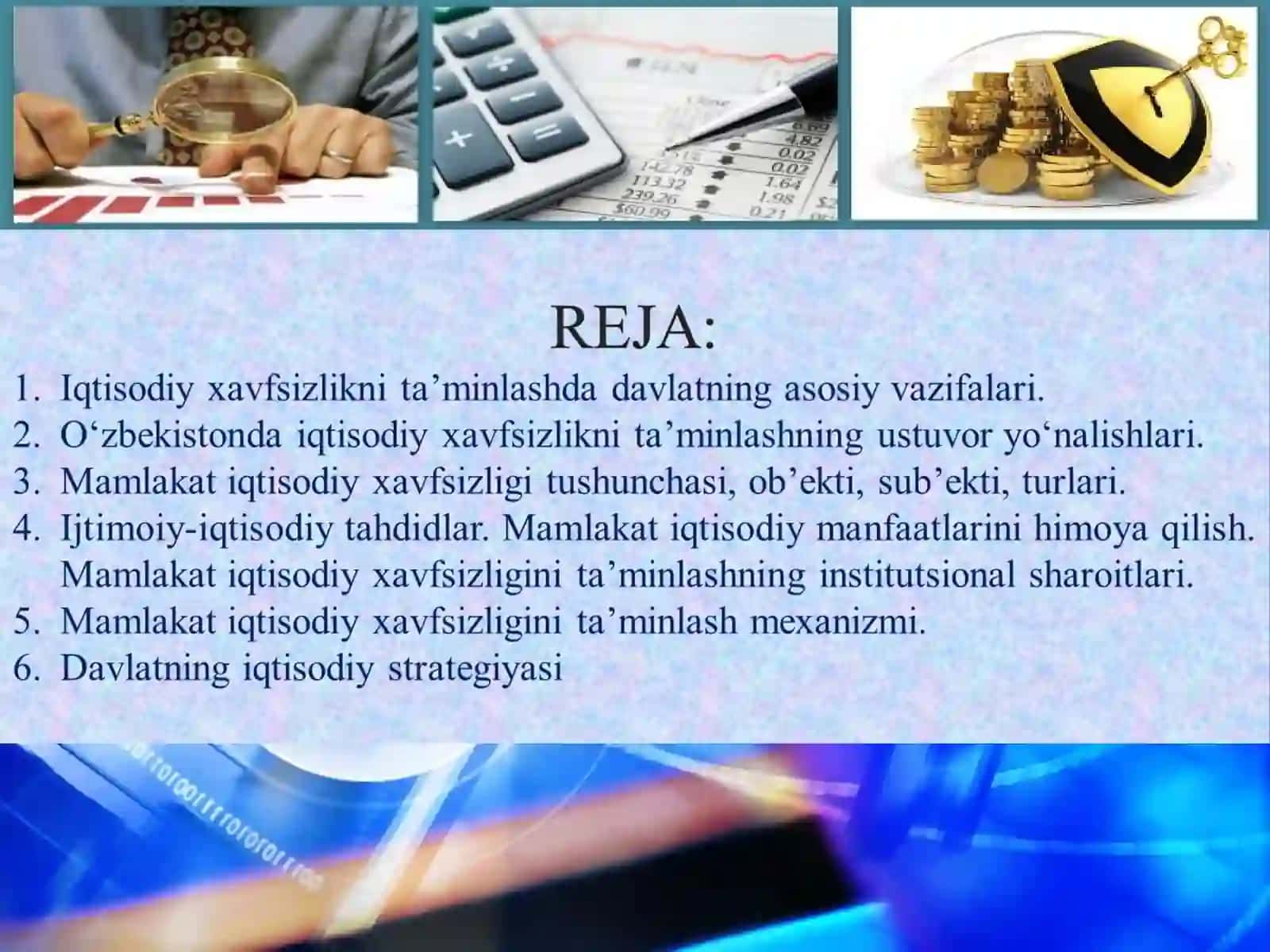 IQTISODIYOTNI DAVLAT TOMONIDAN TARTIBGA SOLISH VA IQTISODIY XAVFSIZLIK.MAMLAKATNING IQTISODIY XAVFSIZLIGI 2