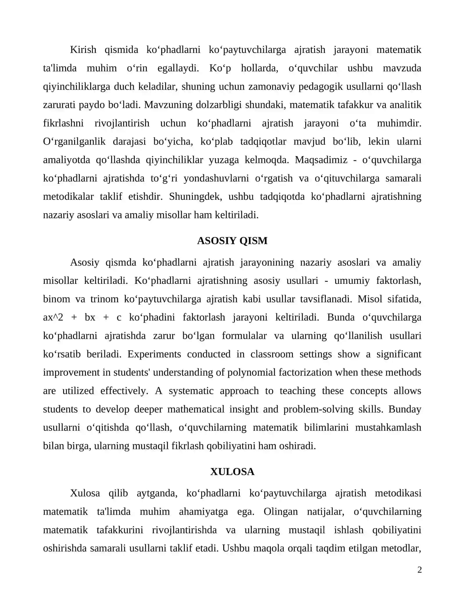 Matematikada koʻphadlarni koʻpaytuvchilarga ajratish metodikasi 2