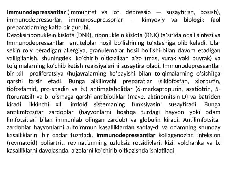 Immunosupressorlar. Bosh miya qon aylanishining buzilishida qo'llaniladigan vositalar. 2