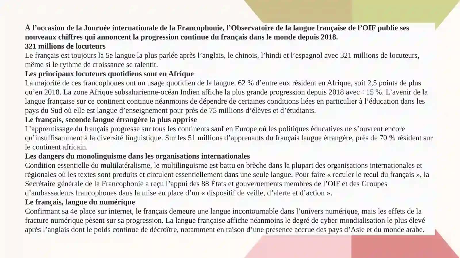La langue française dans le monde.La Francophonie 2