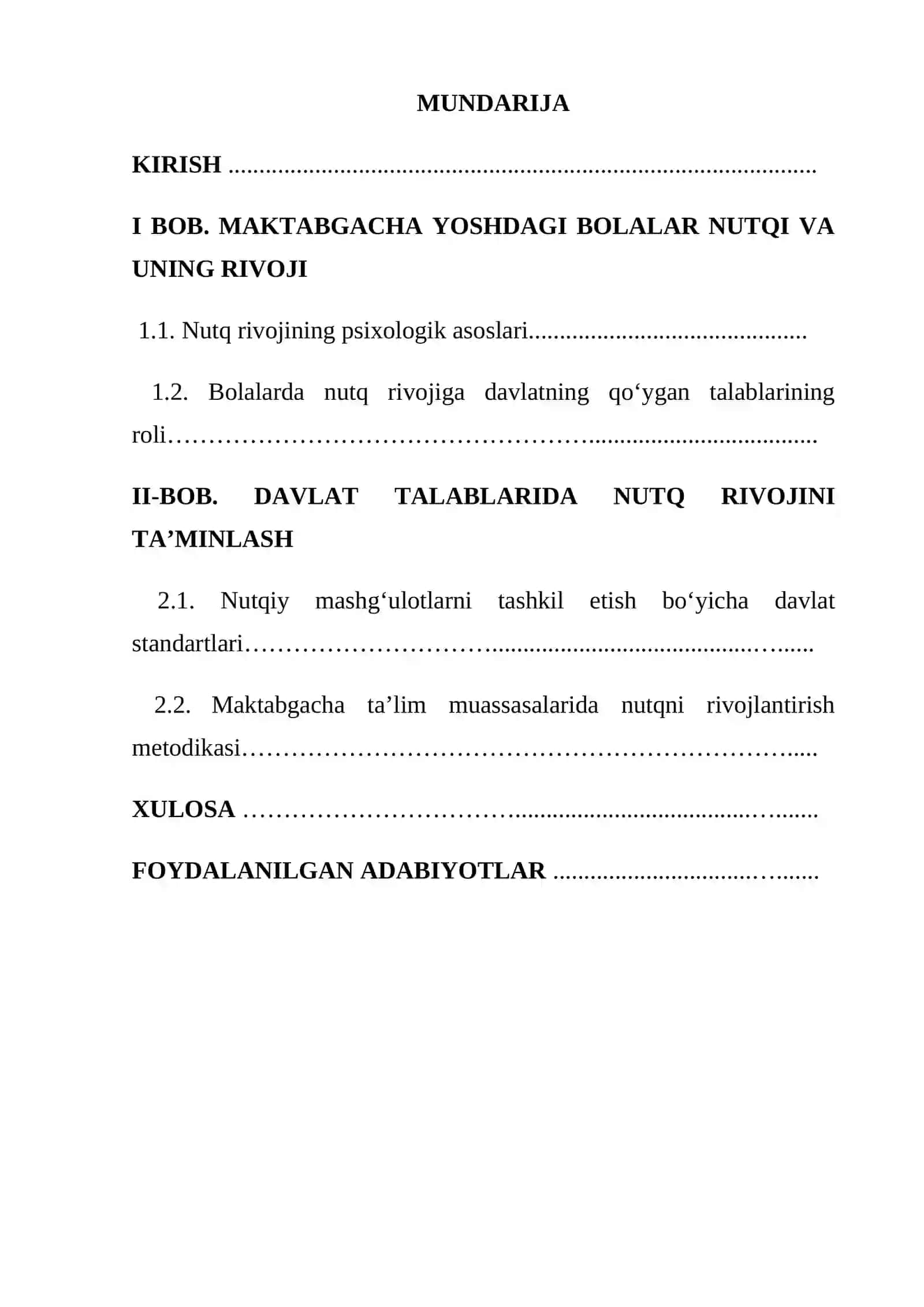 KURS ISHI “NUTQ O’STIRISH METODIKASI” FANIDAN MAVZU: MAKTABGACHA YOSHDAGI BOLALAR NUTQIGA QO'YILGAN DAVLAT TALABLARINI O'RGANISH 2