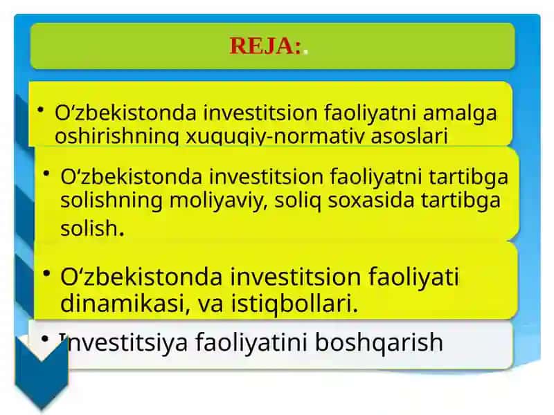 O‘zbekiston Respublikasining investitsion tizimi. Investitsiya faoliyatini boshqarish 2