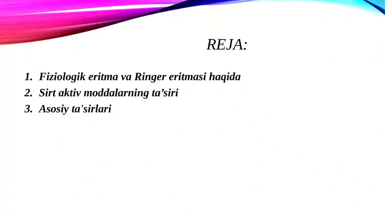 Sirt aktiv moddalarning fiziologik eritmalar va ringer eritmalari sirt tarangligiga ta'siri 2