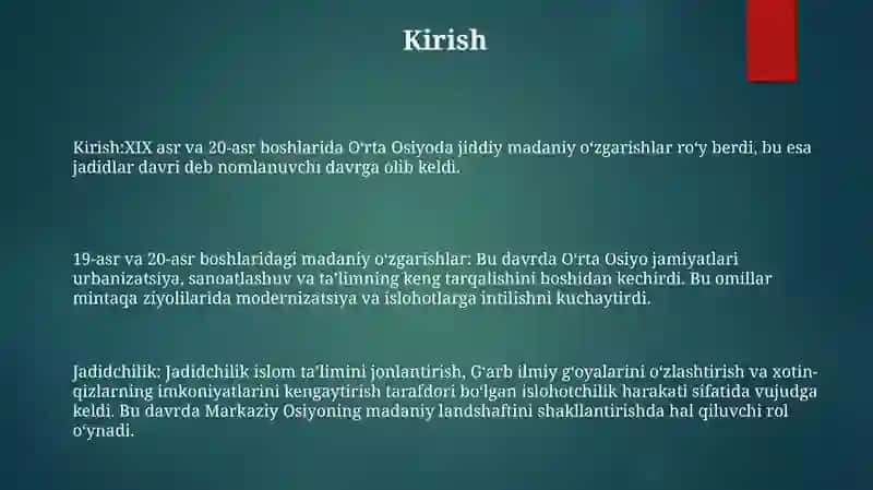 Xix Asr 2-Yarmi Xx Asr Boshlarida O'Rta Osiyo Xalqlari Madaniyati 2
