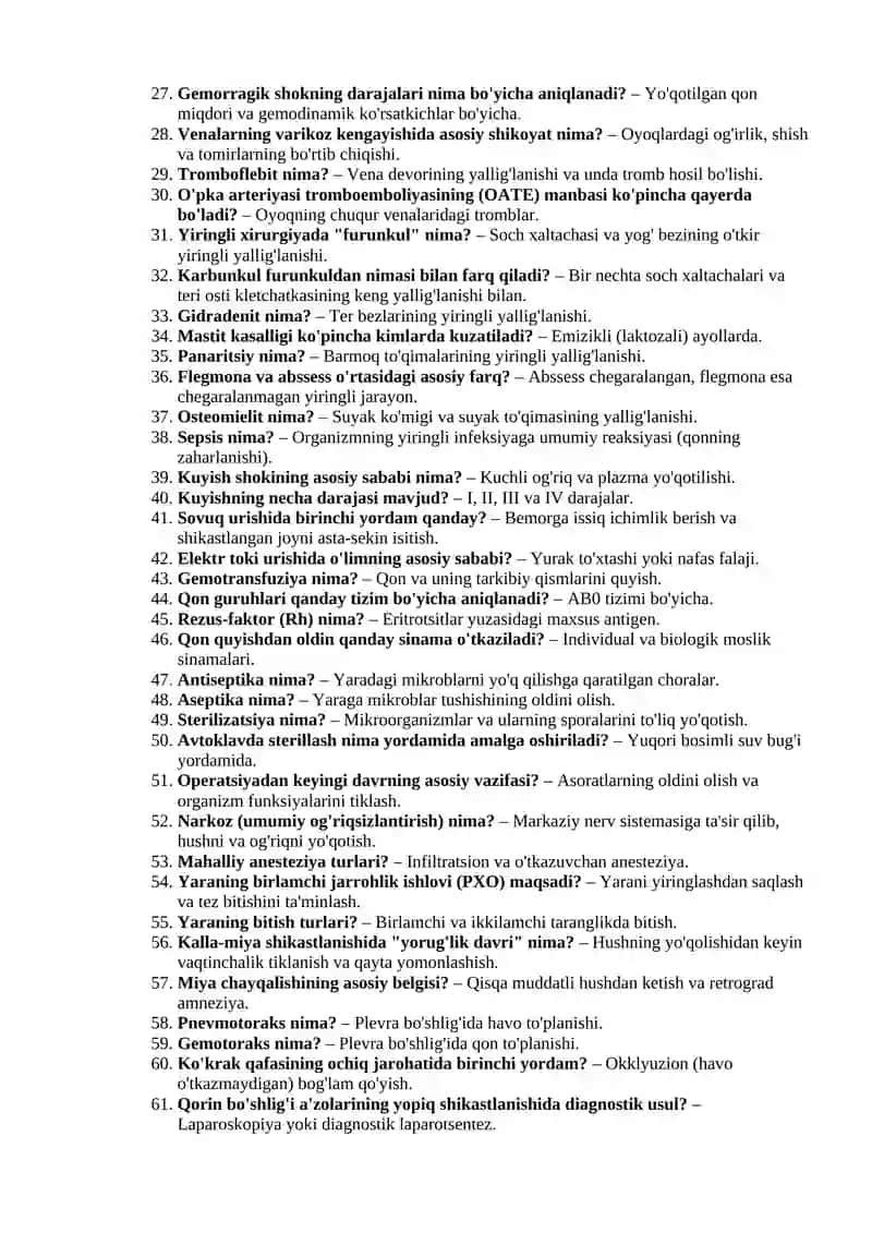 Xirurgiya: 1-100 Test Savollari va Javoblari (Tahrirlangan) 2