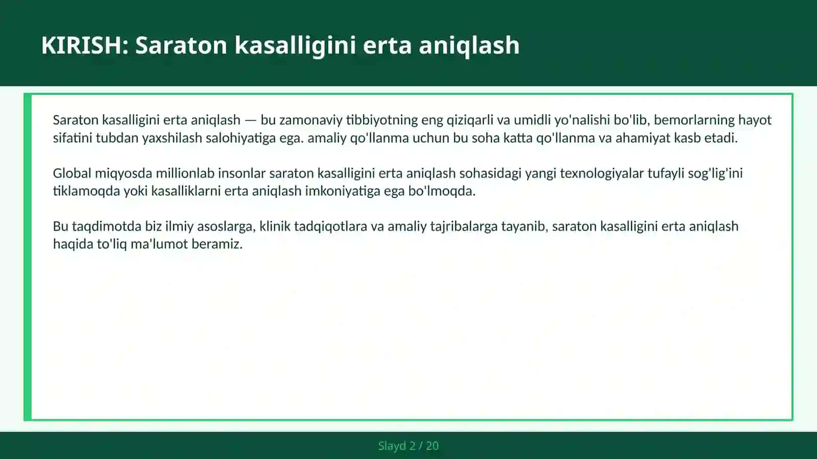 Saraton kasalligini erta aniqlash 2