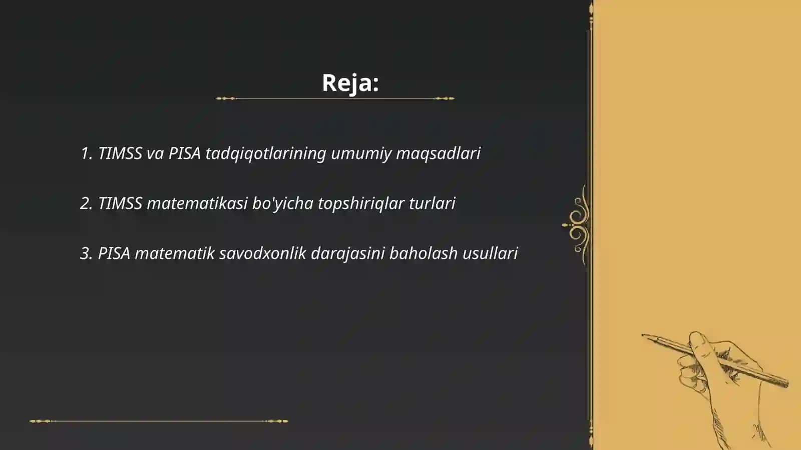 TIMSS va PISA Xalqaro baholash dasturining standartlari (Frame Work) da qayd etilgan topshiriqlar namunalari va ulardan foydalanish metodikasi 2