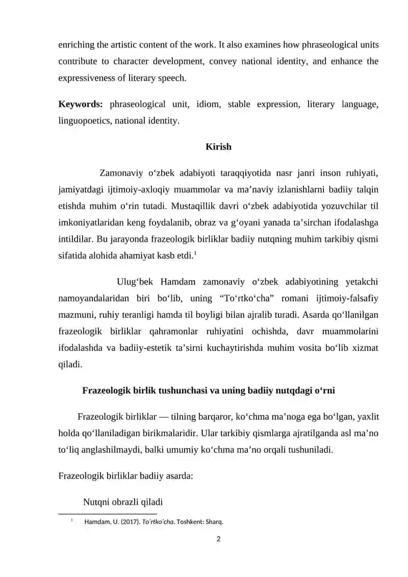 "To‘rtko‘cha" romanida qo‘llangan frazeologik birliklar 2