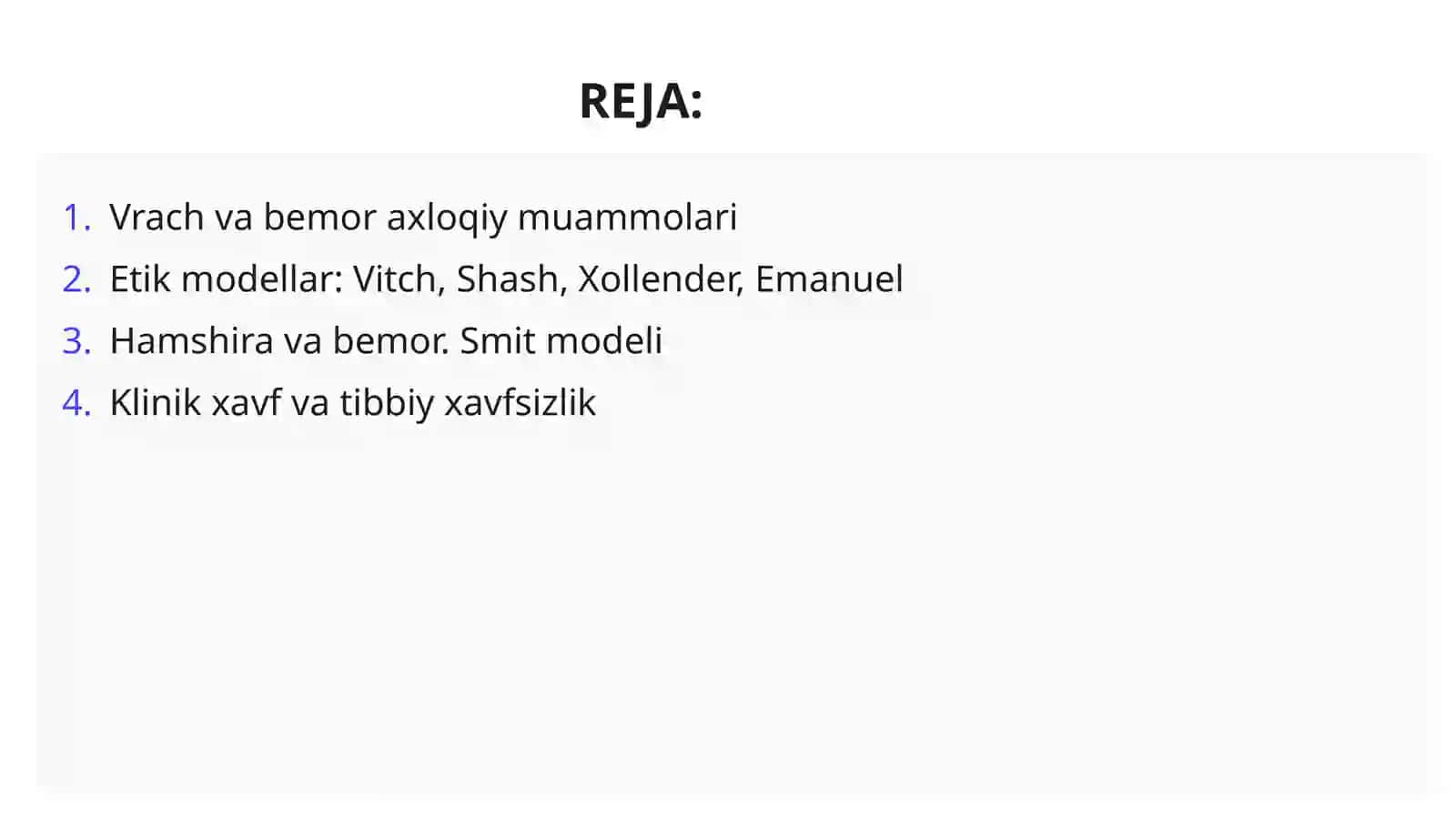 Tibbiyot fani va amaliyotining rivojiga bog lig vrach va bemormunosabatlaridagi axloqiy muammolar. R. Vitch, T. Shash va M. Xollender, E.Emanuel va L. Emanuel bo'yicha vrach va bemor munosabatlarining etikmodellari. Hamshira va bemor munosabatlarining xususiyatlari. Sh. Smit modeli. Klinik xavf masalalari. Klinik xavf tushunchasi. Klinik xavf holatlarining axloqiy va huquqiy jihatlari Tibbiyot muassasalarida tibbiy yordam ko'rsatilishi xavfsizligini ta'minlash muammosi va uning ahamiyati 2