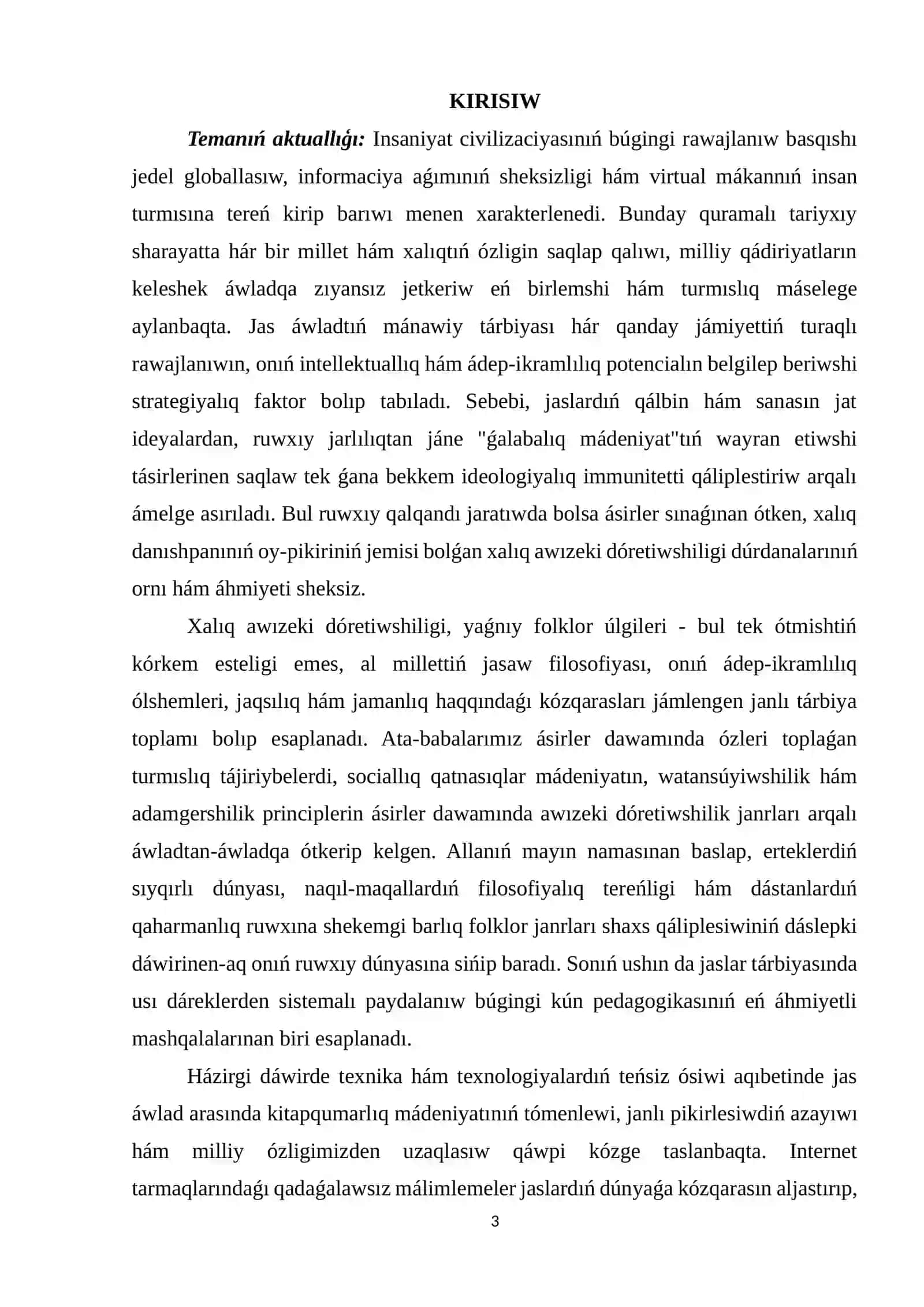 Jas áwlád mánáwiy tárbiyasında xalıq awızsha dόretpeleri dúrdanalarınıń ornı 2