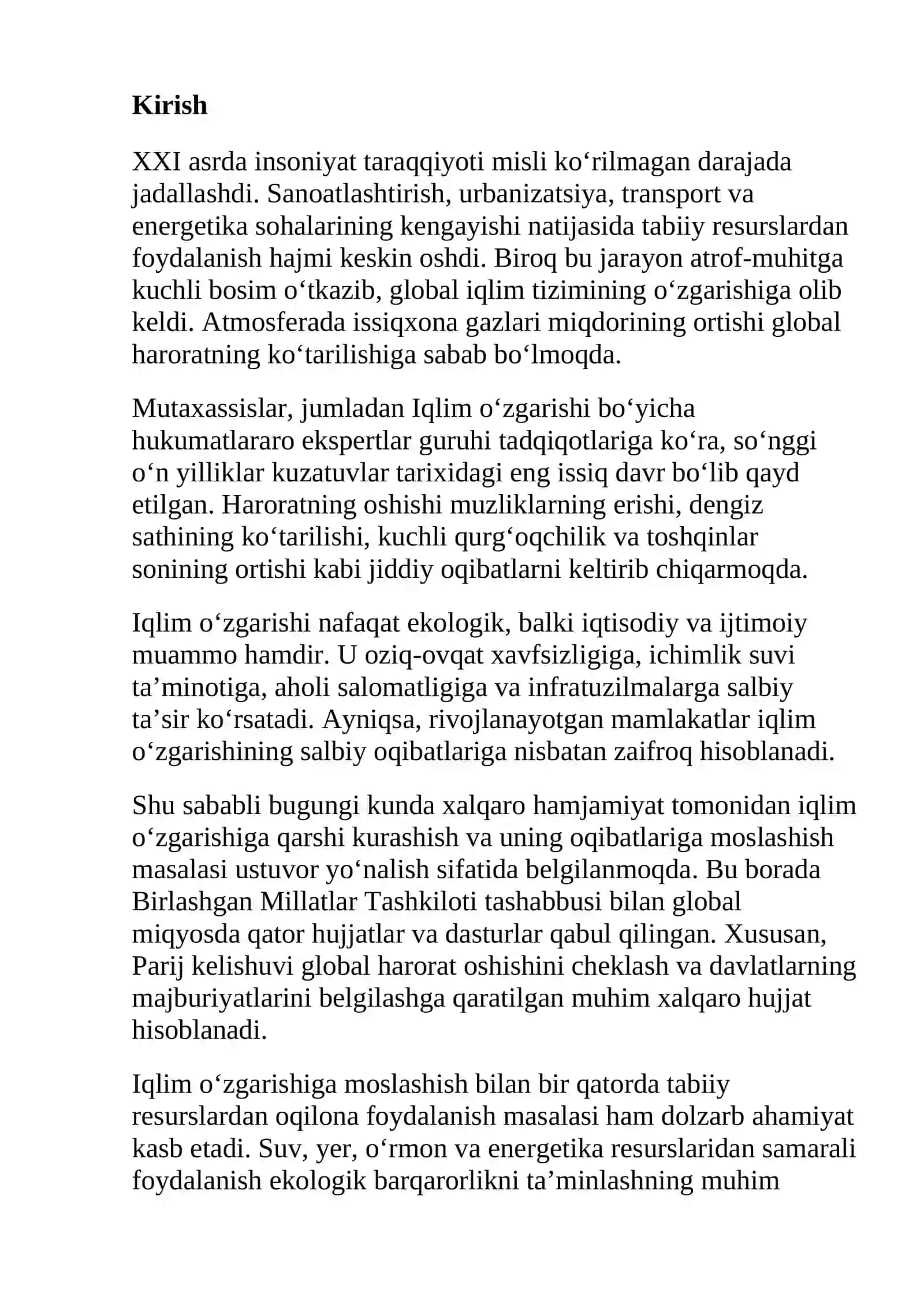 Iqlim o’zgarishlari oqibatlariga moslashish va tabiiy resurslardan oqilona foydalanish yo’llari 2