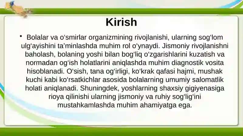 Bolalar va o'smirlarning jismoniy rivojlanishini baholovchi ko'rsatkichlar va ularni aniqlash usullari. Yoshlarning shaxsiy gigiyenasi 2