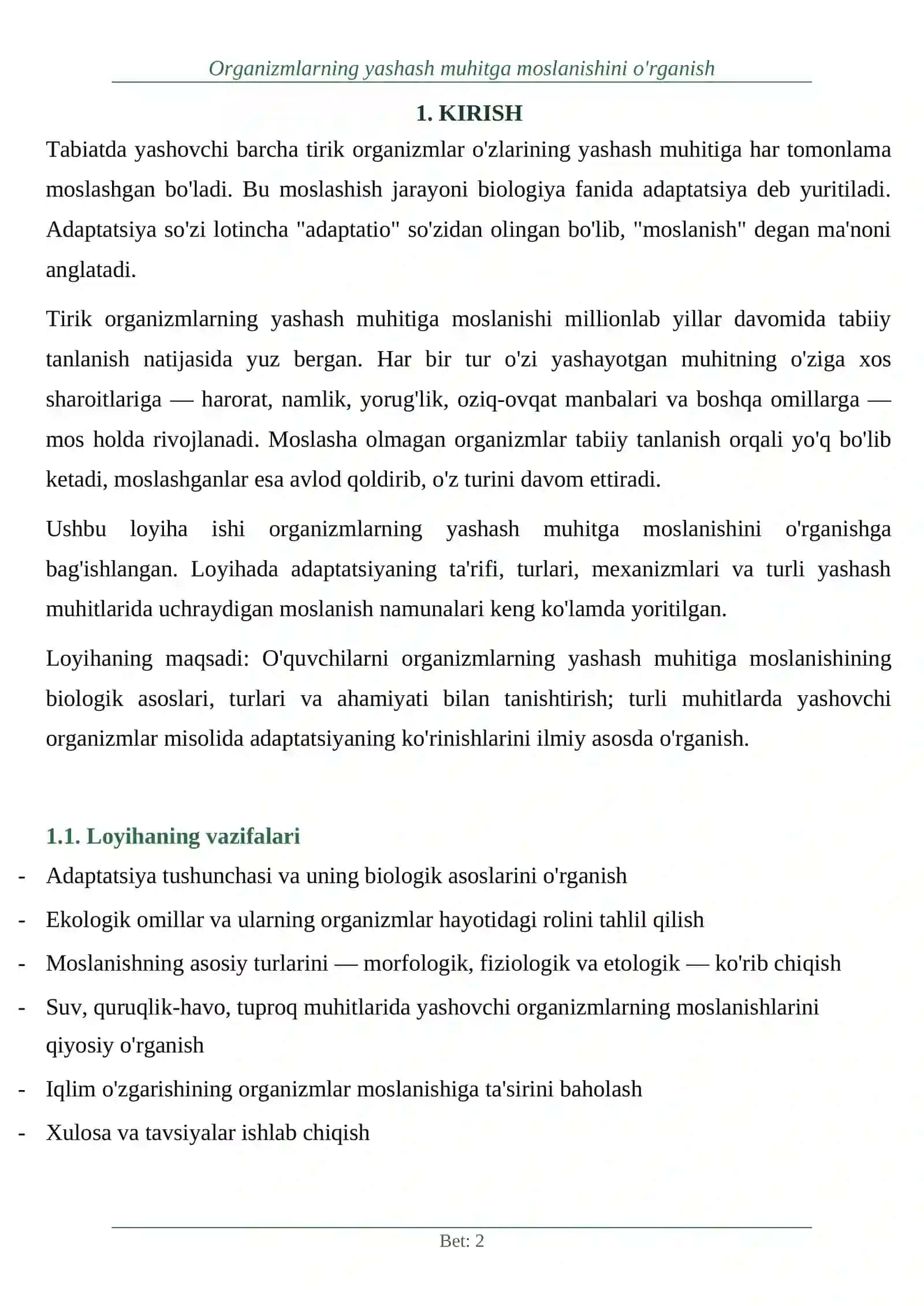 Organizmlarning yashash muhitga moslanishini o‘rganish mavzusi bo'yicha rasmsiz referat 2