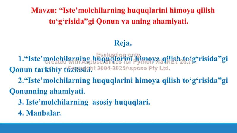 “Iste’molchilarning huquqlarini himoya qilish to‘g‘risida”gi Qonun va uning ahamiyati. Taqdimot 14 bet. 2