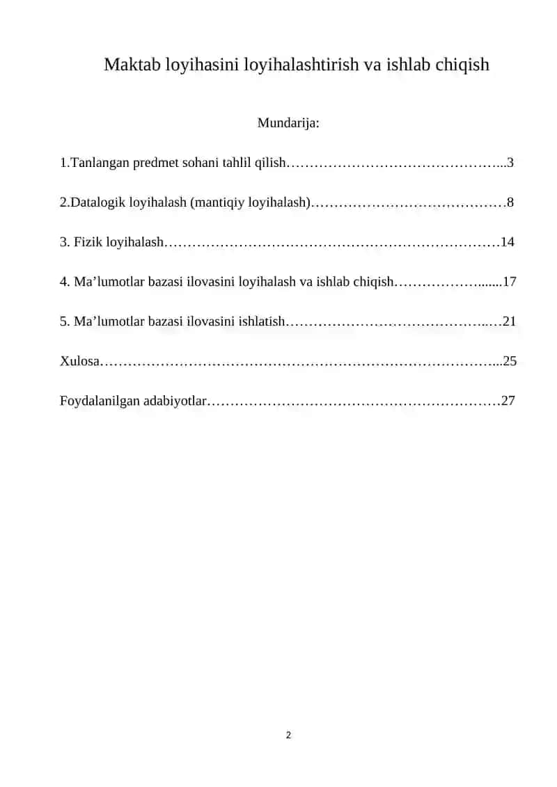Maktab loyihasini loyihalashtirish va ishlab chiqish 2