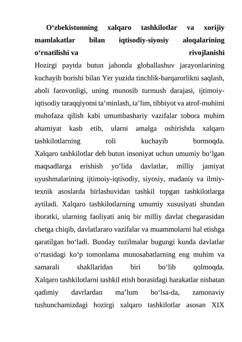 O‘zbekistonning xalqaro tashkilotlar va xorijiy mamlakatlar bilan iqtisodiy-siyosiy aloqalarining o‘rnatilishiva rivojlanishi 2