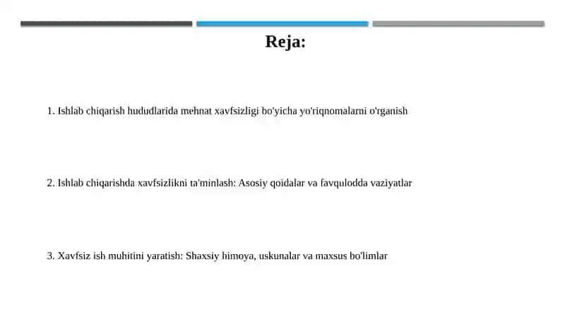 Ishlabchiqarish maydonlarida mehnat xavfsizligi to'g'risida yo'riqnomalar o'rganish 2