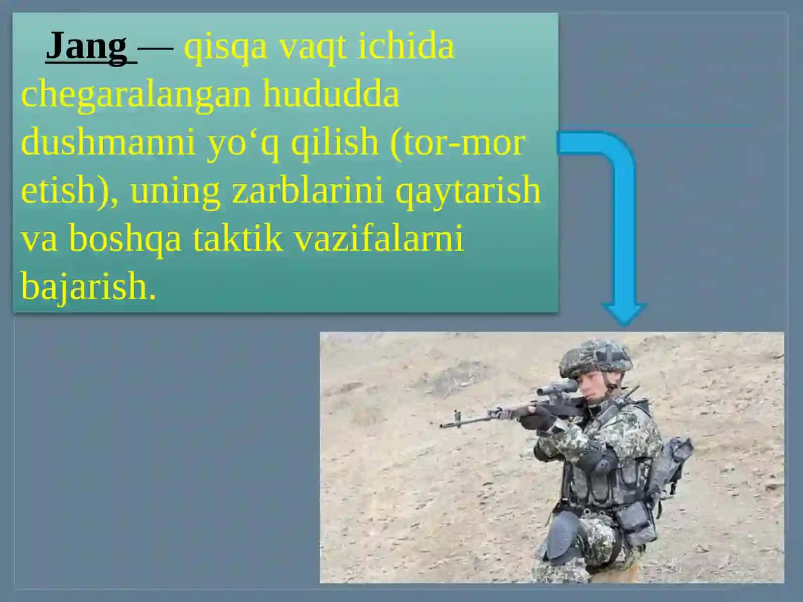 Jang haqida tushuncha va zamonaviy umumqo‘shin jangi tavsifi, uning maqsadi 2