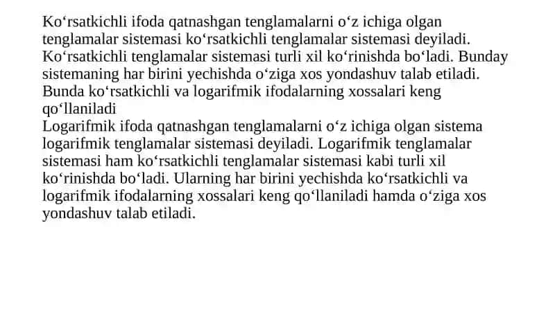 Ko‘rsatkichli va logarifmik tenglamalar sistemasi 2