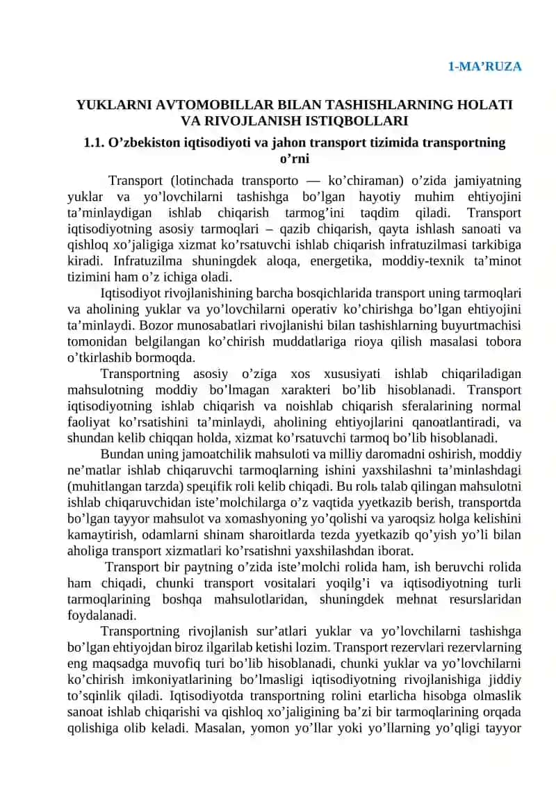 YUKLARNI АVTОMОBILLАR BILАN TАSHISHLАRNING HОLАTI VА RIVОJLАNISH ISTIQBОLLАRI 2