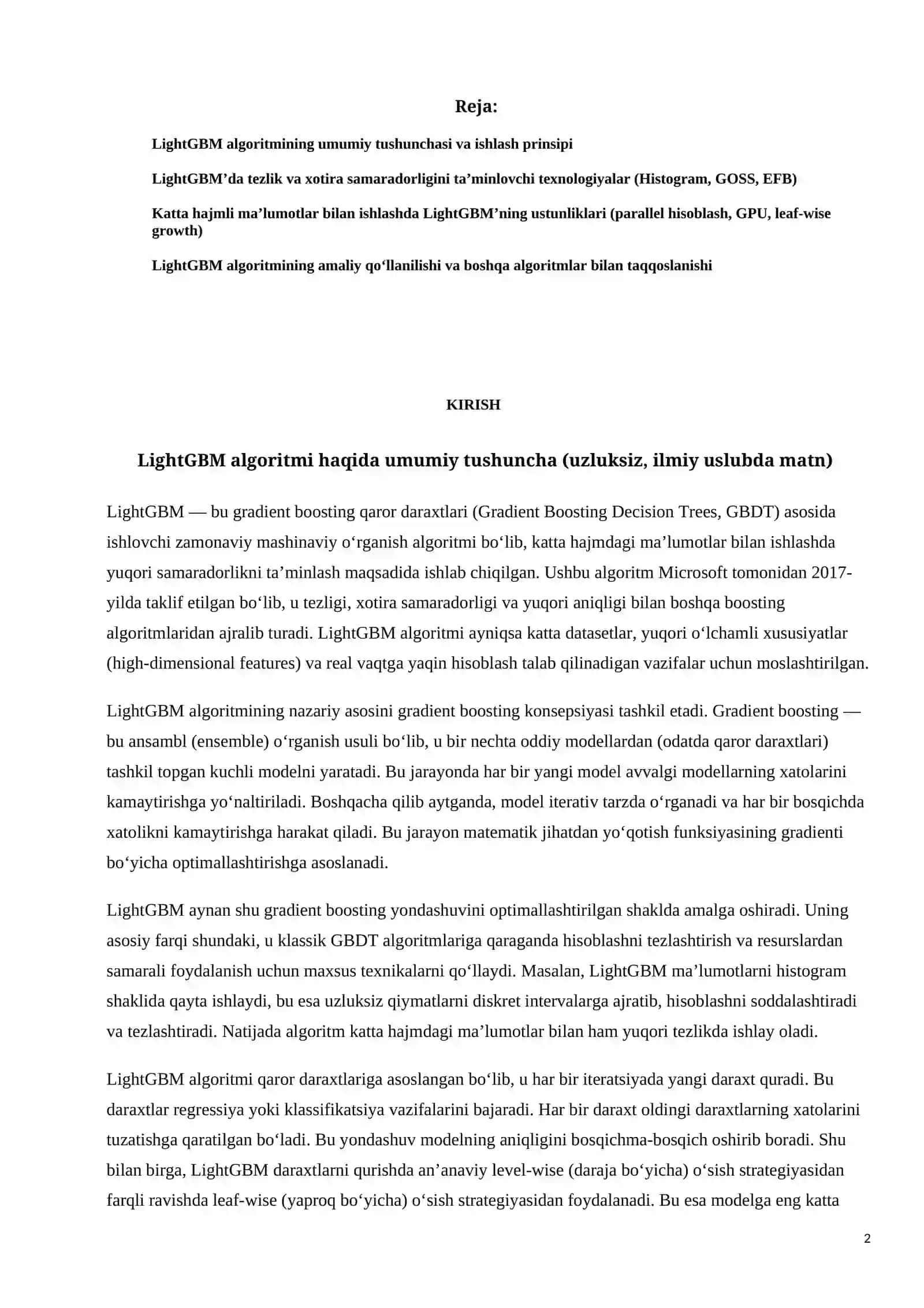 LightGBM algoritmining katta hajmli ma’lumotlar bilan ishlashdagi afzalliklari 2