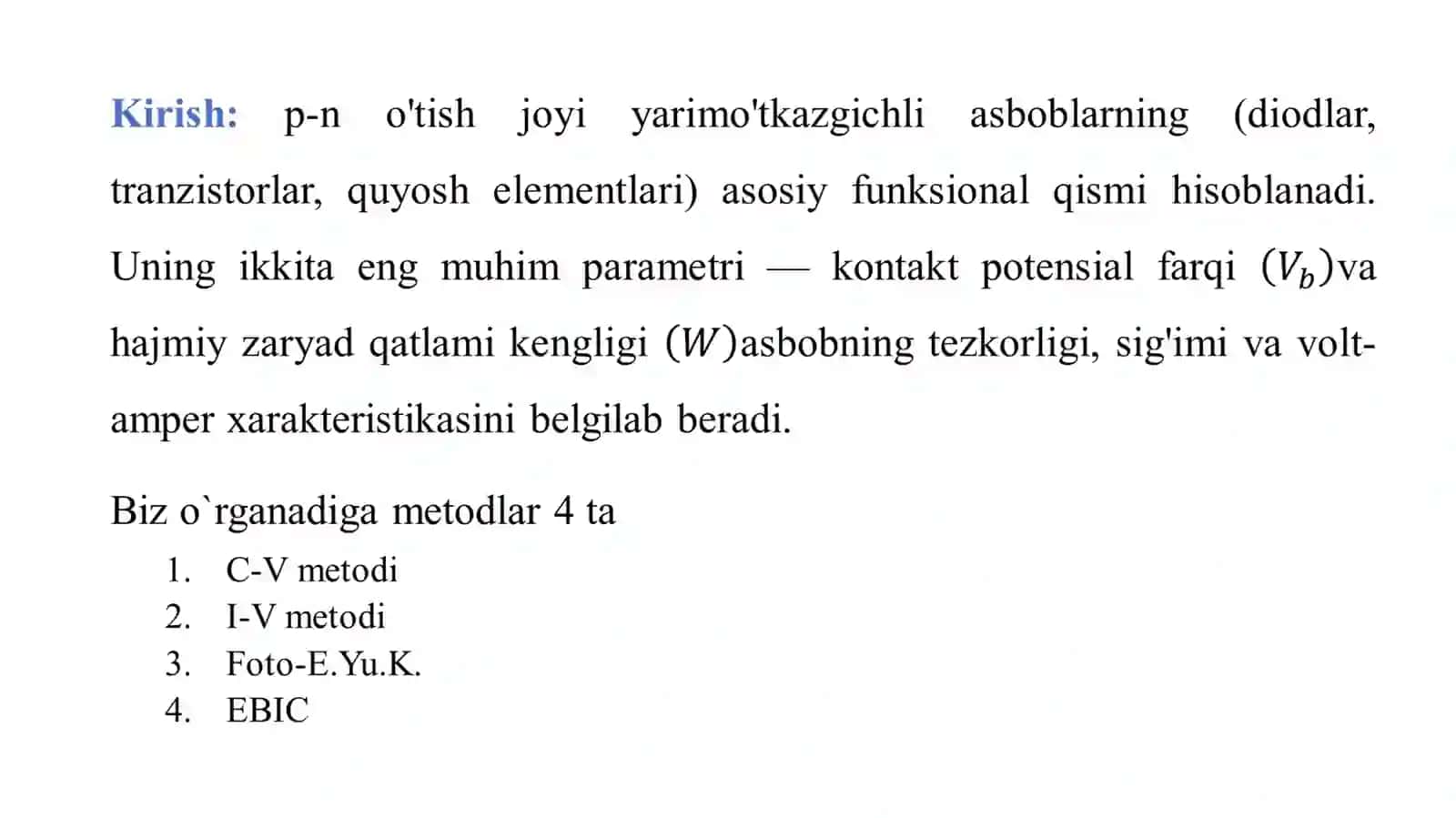 p-n O‘tish joyining kenglik (W) va kontakt potensialini (Vb) aniqlash metodlari 2