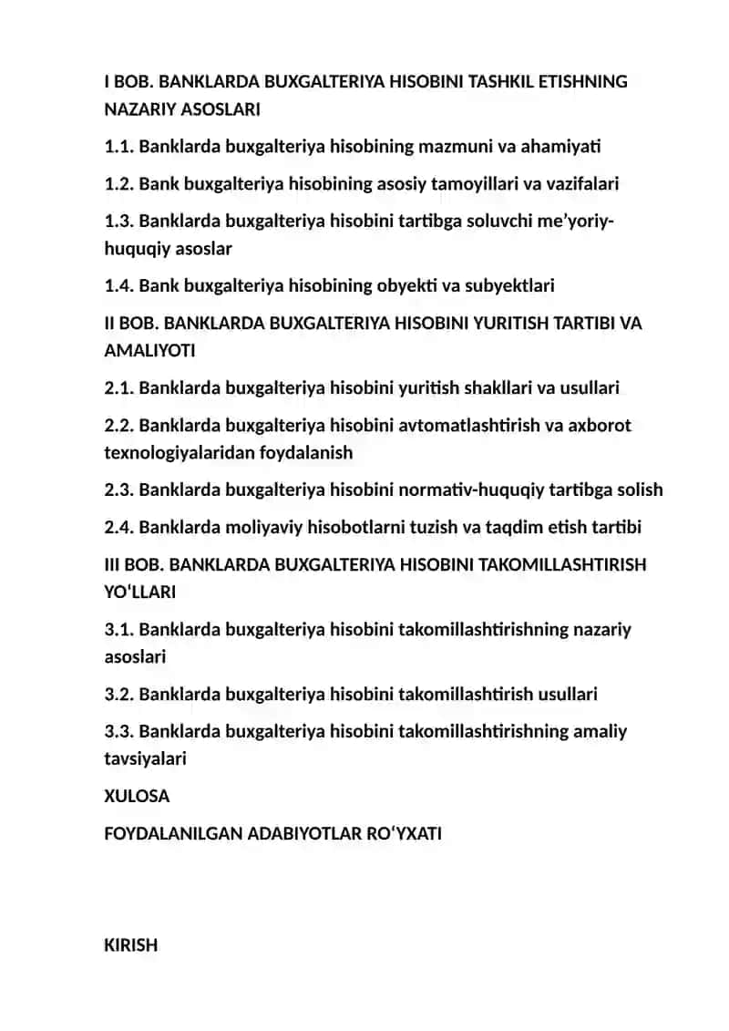 Banklarda buxgalteriya hisobini tashkil qilinishi va uni takomillashtirish. 2