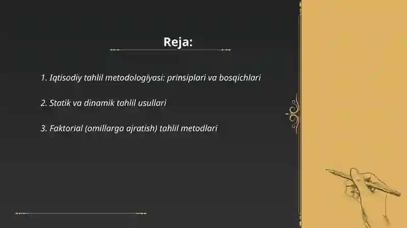 Iqtisodiy tahlilning metodi va omillar taʻsirini baholashda qoʻllaniladigan usullari 2